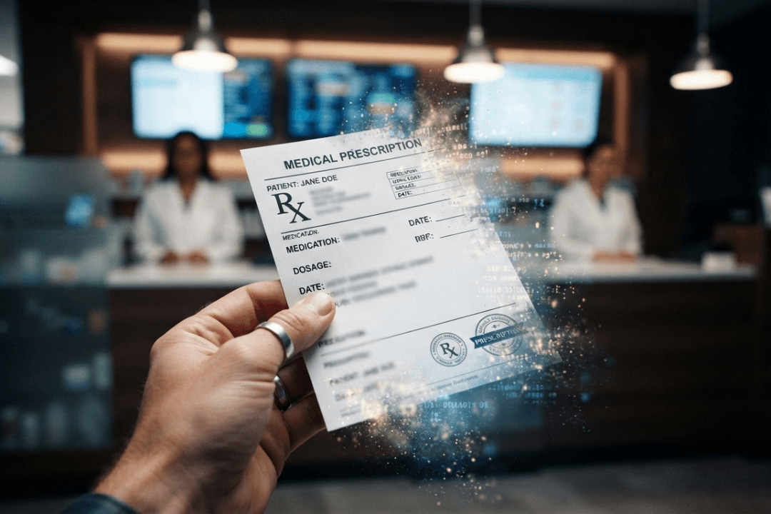 Pérdida de la prescripción médica y cambio de recetas en el mostrador de la farmacia.